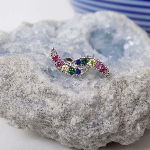 new in box! 925 sterling dainty rainbow crescent moon post multicolor stones - Picture 3 of 4